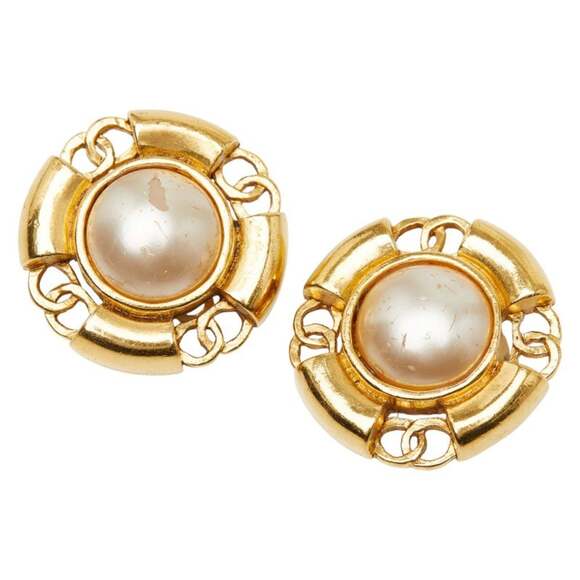 Chanel Coco Mark Faux Pearl Metal Earrings for Women